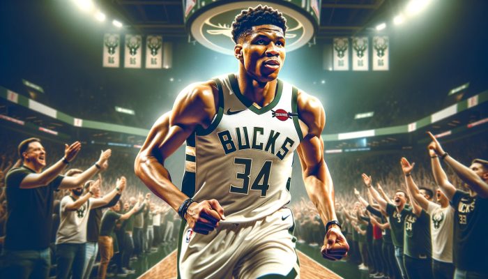 Giannis Antetokounmpo in front of the Bucks fans.
