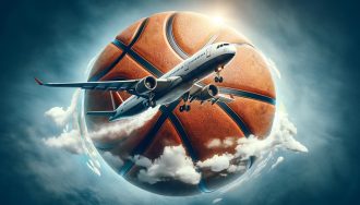 An airplane flying around a basketball globe