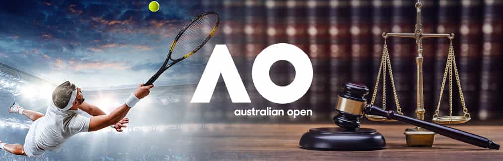 Male tennis player, Australian Open logo, law books, judges gavel, and Scales of Justice