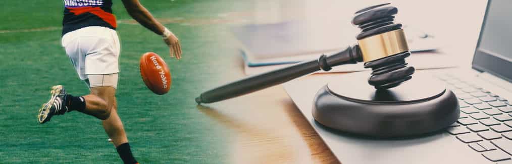 AFL player kicking ball, laptop, judges gavel and block