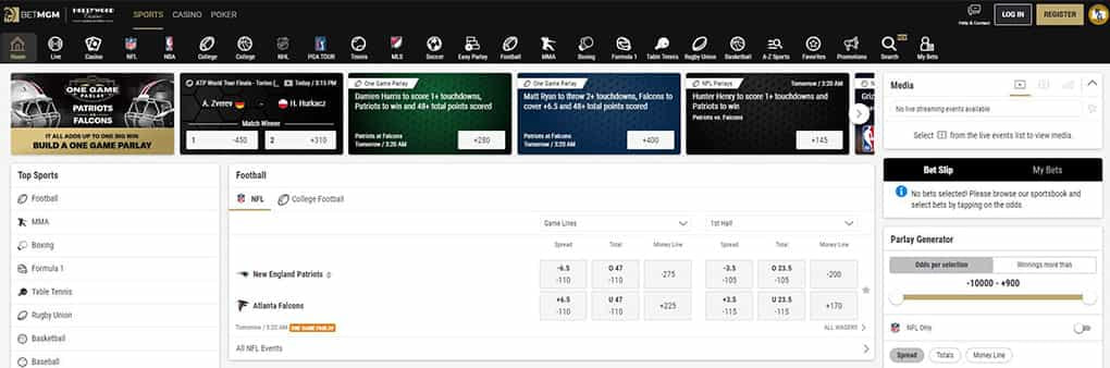 Desktop overview of available sports screen on BetMGM website
