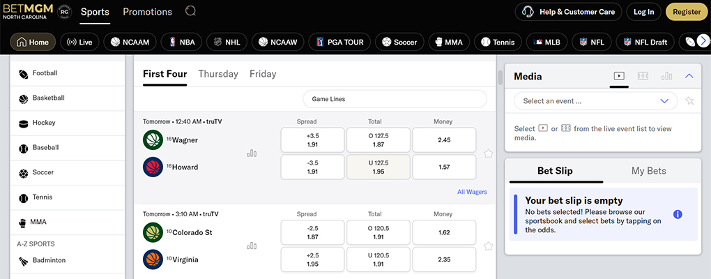 Main betting screen of BetMGM