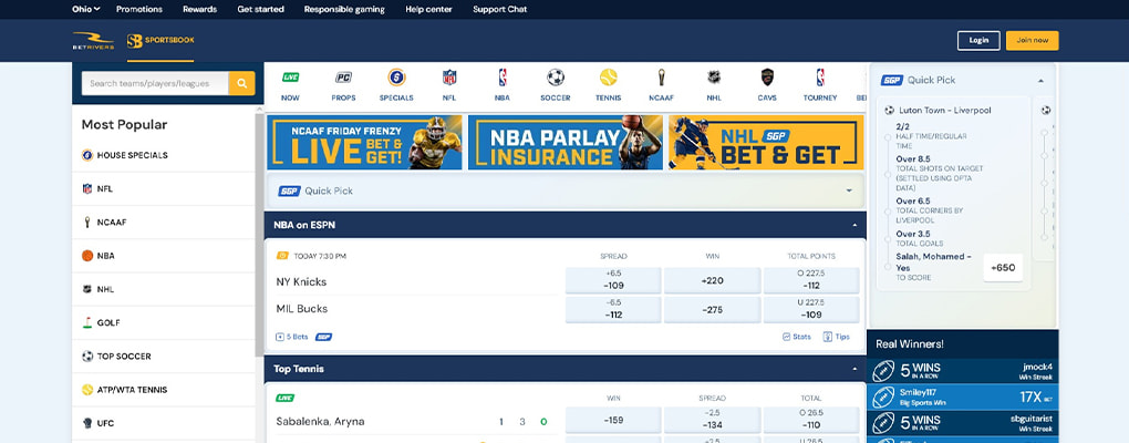 Desktop view of the BetRivers Sportsbook main screen