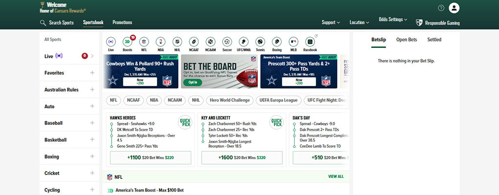 Desktop overview of available sports screen on Caesars website