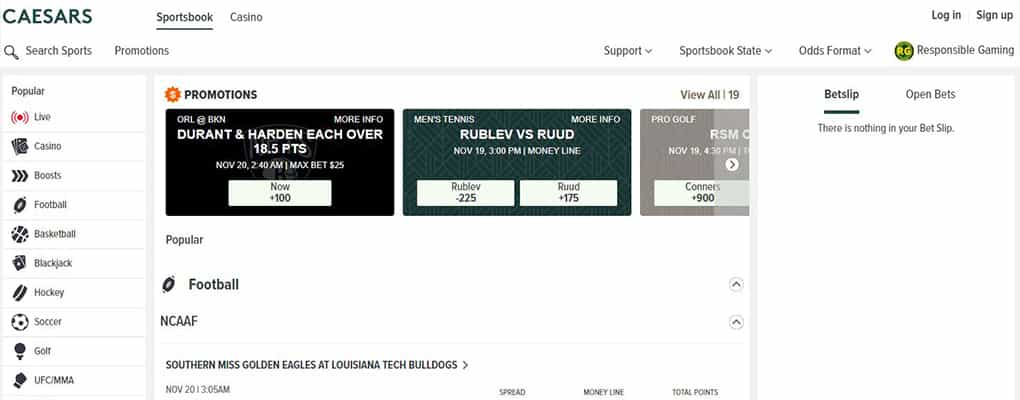 Main betting screen of Caesars Sportsbook