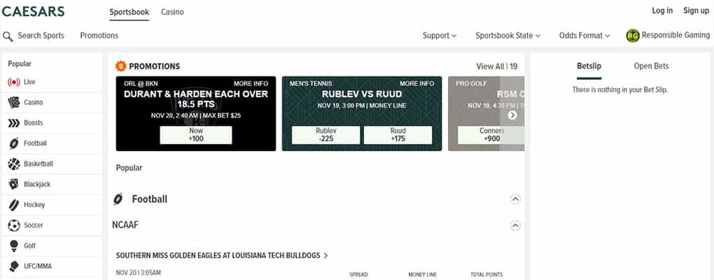 Desktop display of the Caesars Sportsbook app