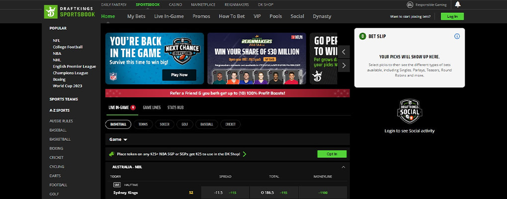 Desktop view of the DraftKings Sportsbook main screen