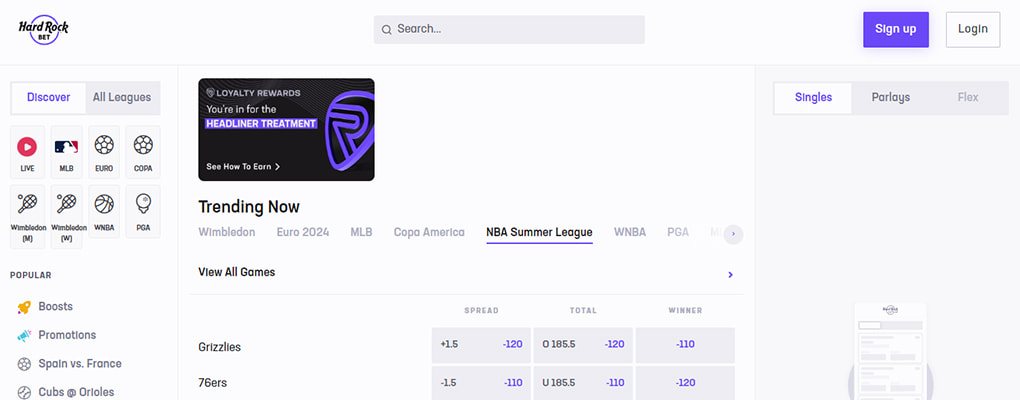 Main betting screen of Hard Rock Bet