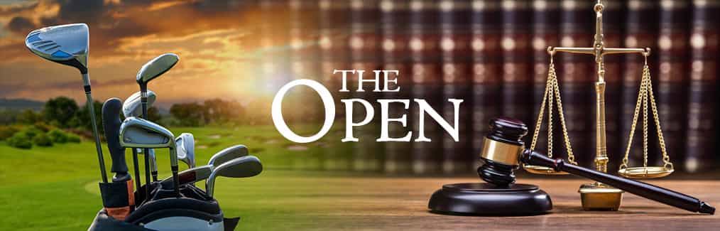 The Open logo, set of golf clubs on golf course, law books on shelf, gavel and block, and Scales of Justice