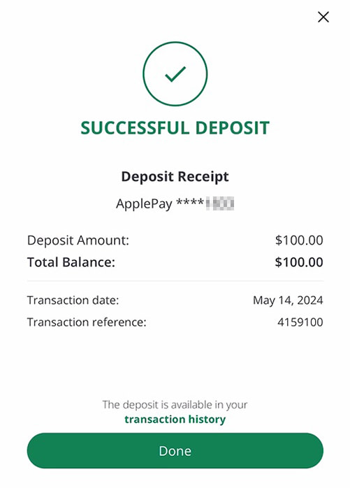Completed deposit transaction at Caesars