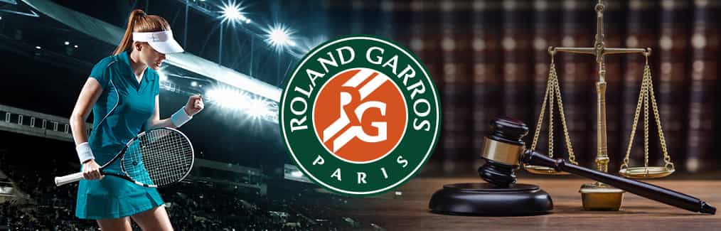 Female tennis player, French Open logo, law books, judges gavel, and Scales of Justice