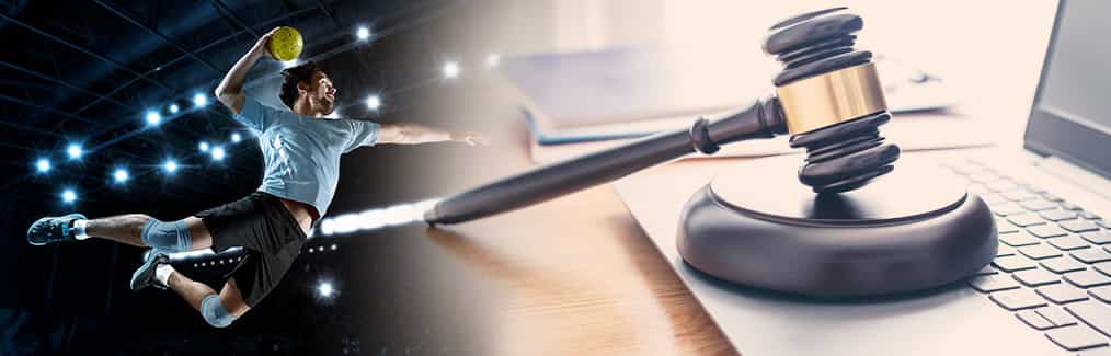 Handball player, laptop, judges gavel and block