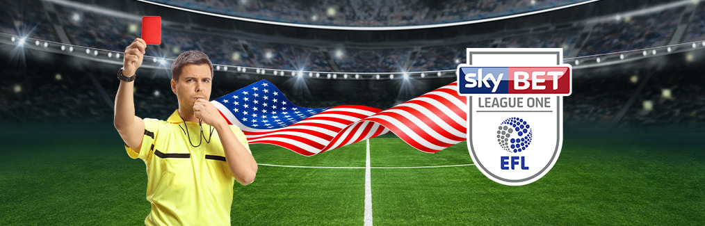 Soccer ref holding a red card in stadium, United States flag, League One logo