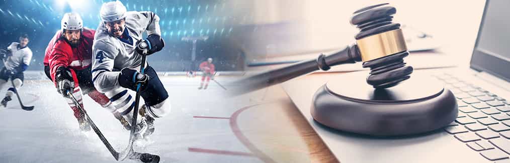 Hokey Players Competing Next to a Gavel on a Computer