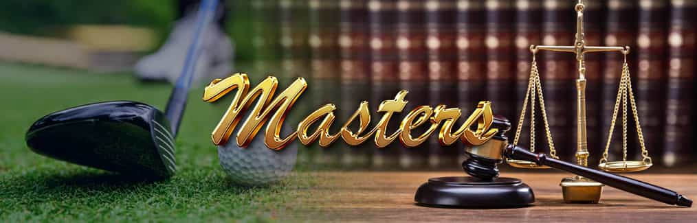 Masters logo, golf club and ball, law books, judges gavel and block, and Scales of Justice