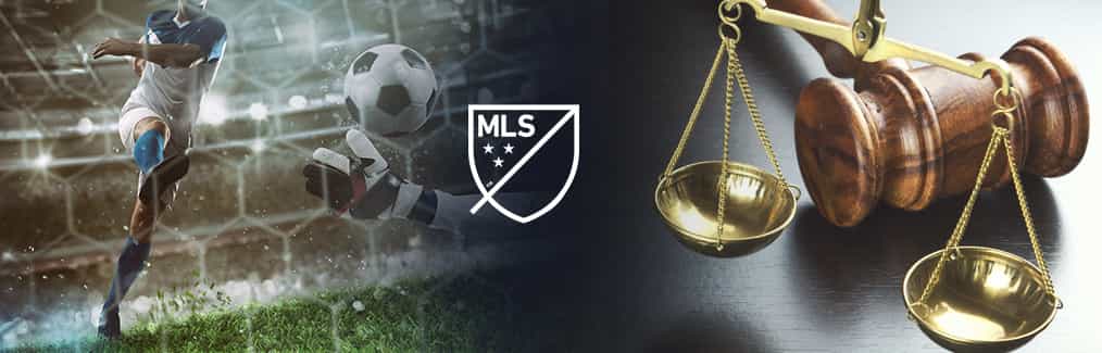 Soccer players contesting in a stadium, MLS logo, judges gavel, and Scales of Justice