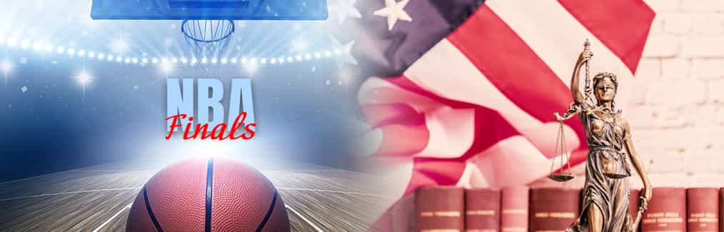 NBA Finals logo, basketball on basketball court, law books on shelf, American flag, and statue of Scales of Justice