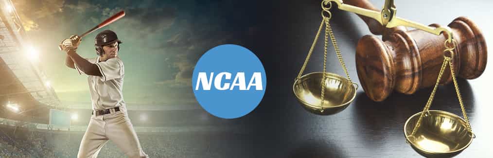 NCAA logo, baseball hitter in a stadium, judges gavel, Scale of Justice