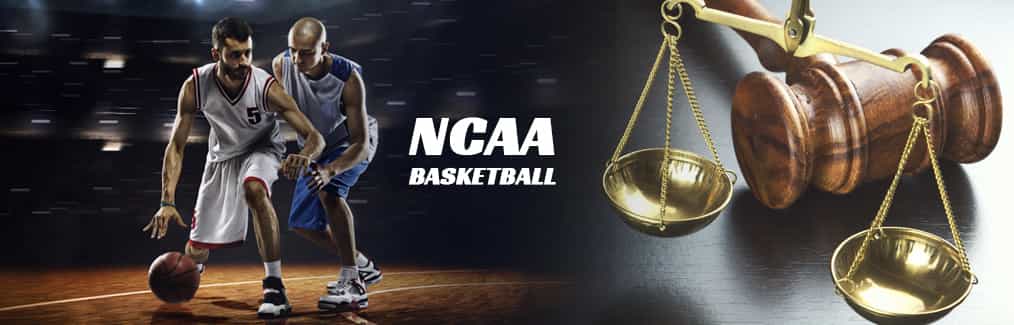 Two basketballers, NCAA basketball text, judges gavel, and Scales of Justice