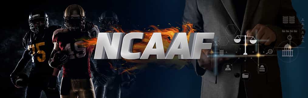 NCAAF logo, 3 footballers, legal symbols, and man in suit