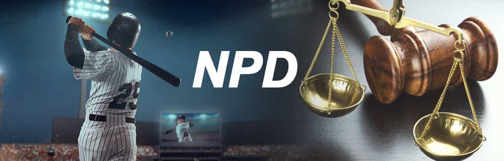 Baseball player hitting ball, Nippon Professional Baseball logo, judges gavel, and Scales of Justice