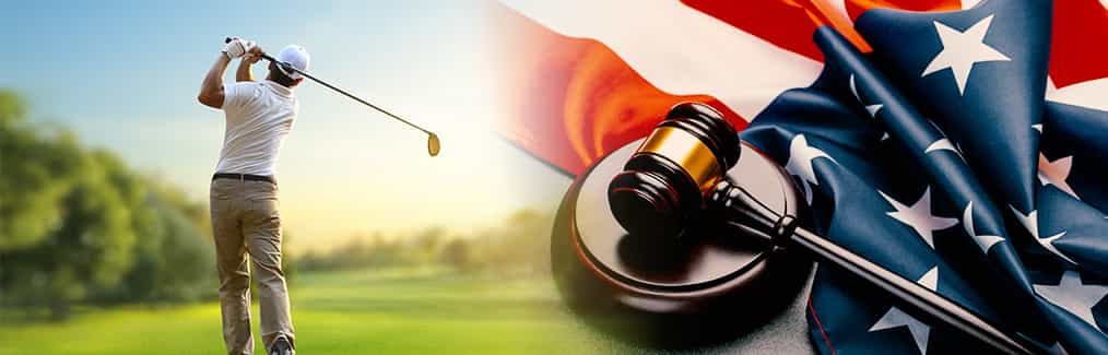 Man playing golf, judges gavel and block, and flag of the United States of America