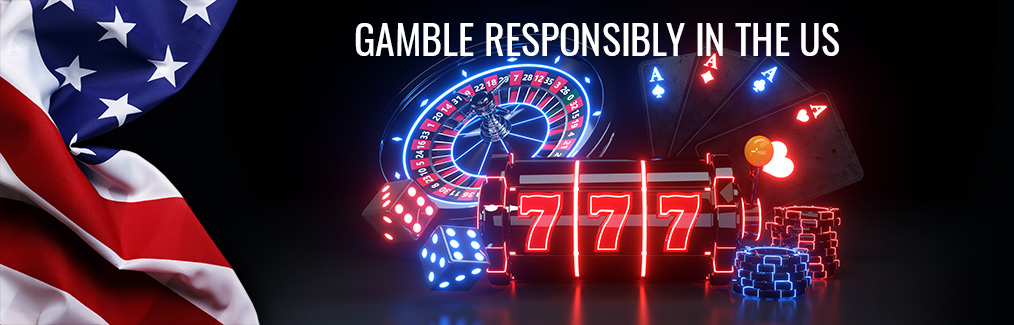American flag, neon roulette wheel, neon poker chips, four aces, neon dice, and a slot machine with 777