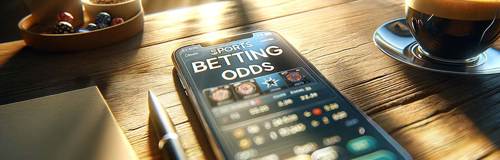 Note pad and pen, cup of coffee, and cellphone on table displaying betting odds