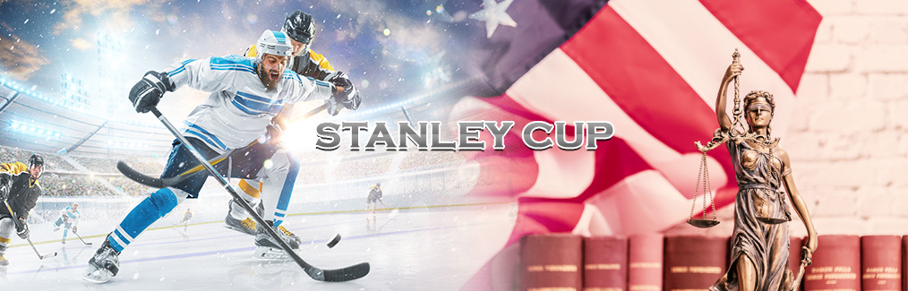 Stanley Cup logo, hockey players playing in stadium, law books on shelf, American flag, and statue of Scales of Justice