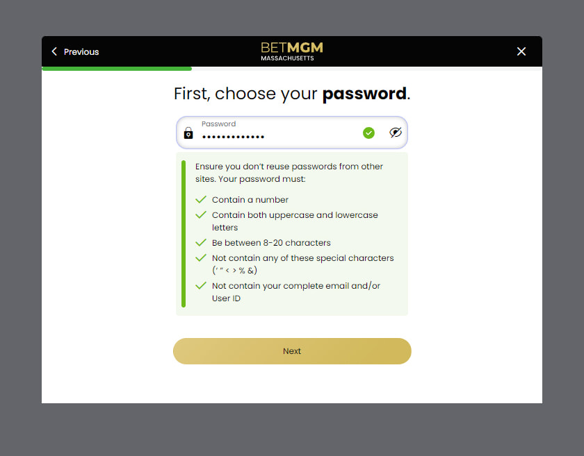 BetMGM online sportsbook choose password page