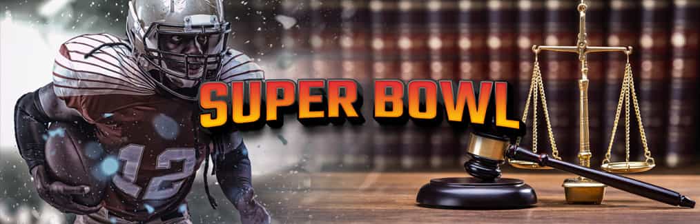 Super Bowl logo, football player, law books, judges gavel and block, and Scales of Justice