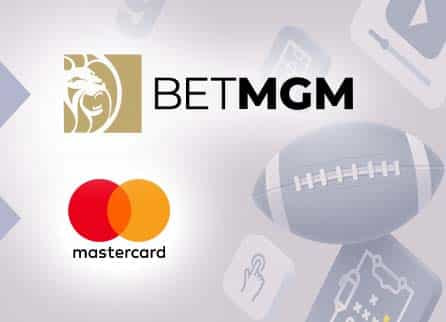 BetMGM logo, Mastercard logo, and diverse sports related equipment