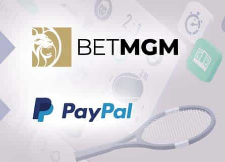 BetMGM logo, PayPal logo, and diverse sports related equipment