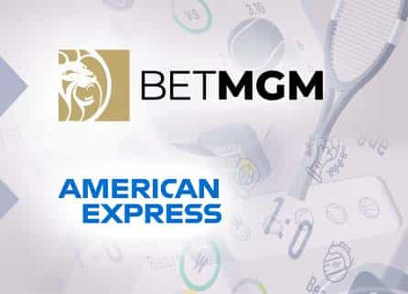 BetMGM logo, American Express logo, and diverse sports related equipment