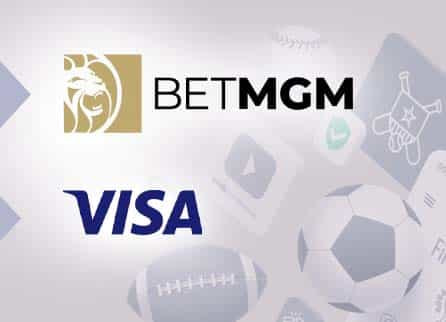 BetMGM logo, Visa logo, and diverse sports related equipment