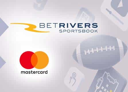 BetRivers logo, Mastercard logo, and diverse sports related equipment