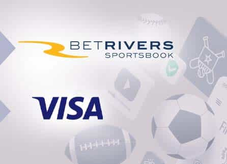 BetRivers logo, Visa logo, and diverse sports related equipment