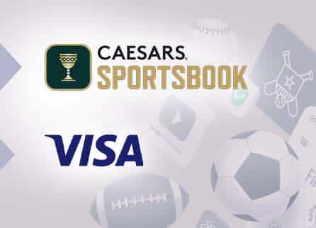 Caesars logo, Visa logo, and diverse sports related equipment