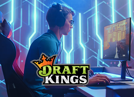 DraftKings logo and side view of man playing first person shooter PC game with neon lights in background