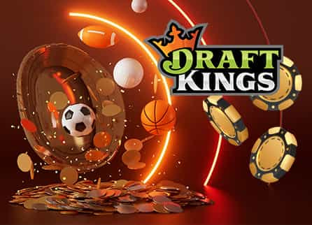 DraftKings logo, sports balls, poker chips, and coins