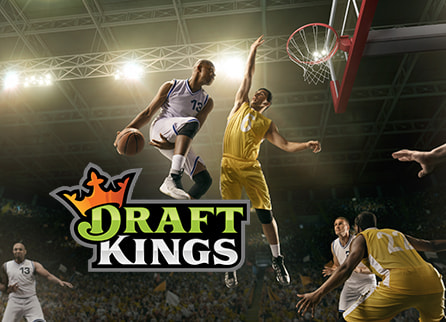 DraftKings logo with basketball players competing on court in the background