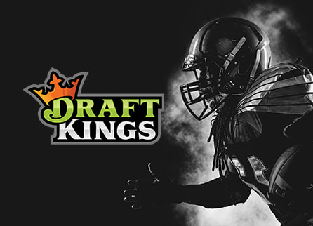DraftKings logo and football player holding ball with mist in background