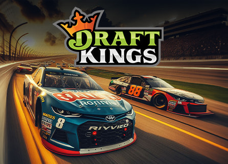 DraftKings logo with NASCAR race in background
