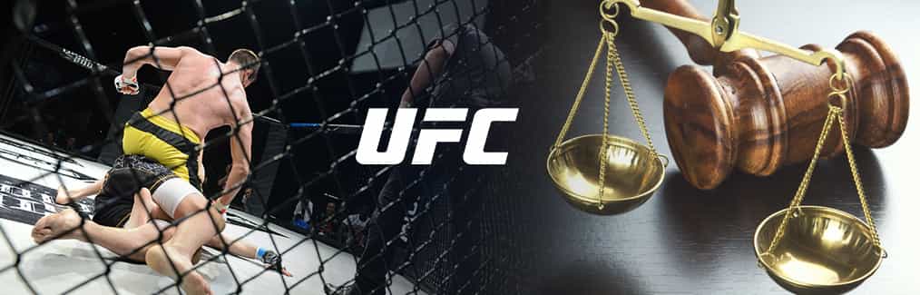 Two UFC fighters contesting in an octagon, UFC logo, judges gavel, and Scales of Justice