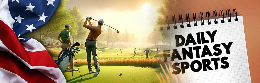American flag, golfers playing on course, and a note pad