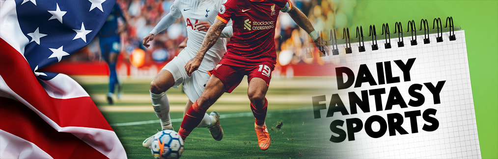 American flag, Liverpool and Tottenham players competing on soccer field, and a note pad