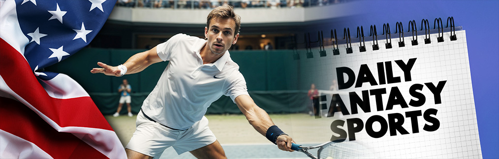 American flag, tennis player on court, and a note pad