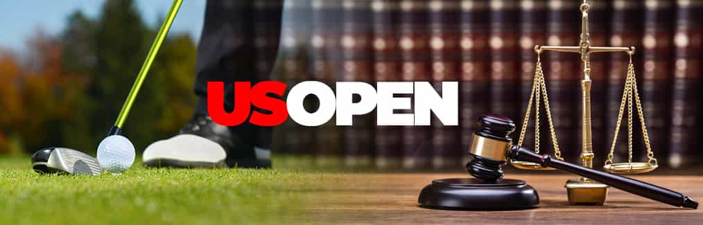 Golfer with putter and ball, US Open logo, law books, and gavel and block