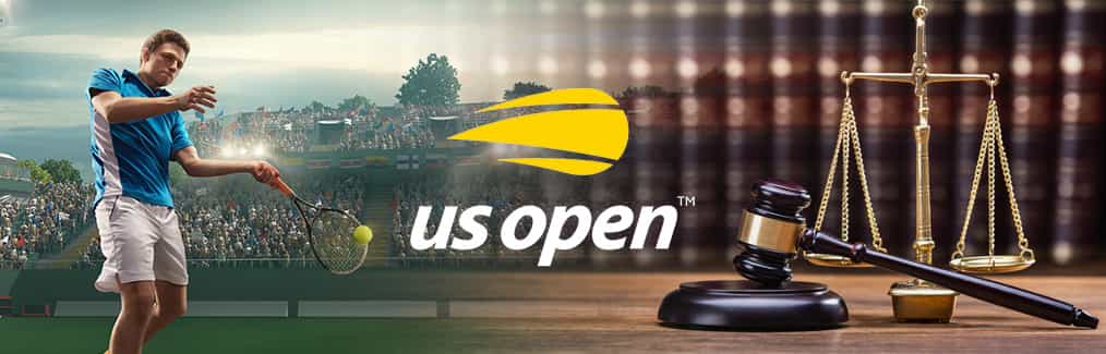 Male tennis player hitting ball, US Open logo, judges gavel, and Scales of Justice