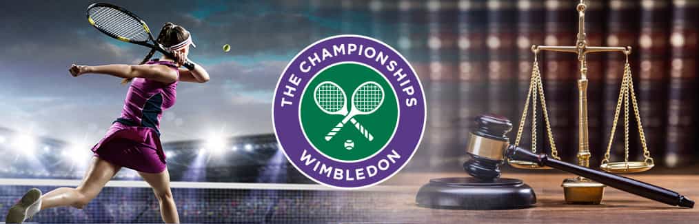 Female tennis player hitting ball, Wimbledon logo, judges gavel, and Scales of Justice
